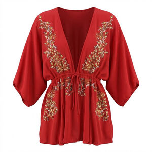 Festival Y2K Boho Red Kimono with Floral Embroidery Size 2 FLAWED Summer